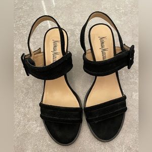 Neiman Marcus private label black suede block heeled sandals